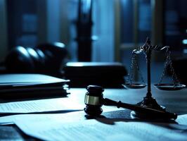 Legal concepts represented by scales and gavel in a dimly lit setting photo