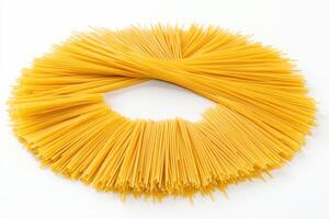 Spaghetti arranged in a circular shape on a white background photo