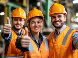 Workers celebrate safety achievement at industrial site in daylight photo