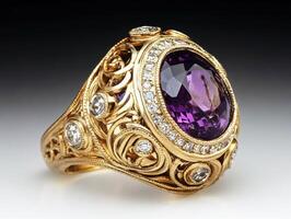 Elegant gold ring with amethyst and diamond accents displayed photo