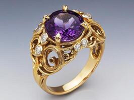 Elegant gold ring featuring amethyst and diamond accents photo