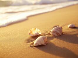 Seashells scattered on a sandy beach at sunset photo