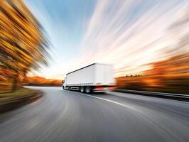 Truck moves quickly along winding road during autumn photo
