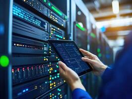 Technician checks server performance using tablet in data center photo