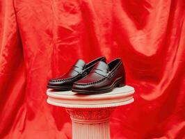 Elegant leather shoes displayed on a pedestal against red backdrop photo