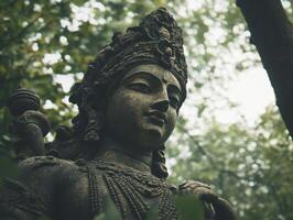 Sculpture of a deity amidst lush greenery in serene forest setting photo