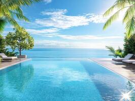 Tranquil blue pool by the ocean under clear skies photo