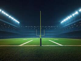 Football field illuminated at night with goal posts in view photo
