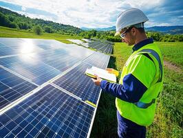 Engineer inspects solar panels in a green field during the afternoon photo