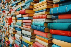 Colorful collection of books stacked on shelves in a library photo