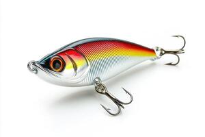 Beautiful fishing lure with vibrant colors and sharp hooks photo