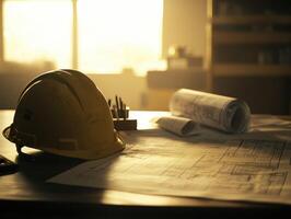 Construction plans and safety equipment on a work table photo
