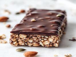 Chocolate-covered granola bar with nuts and seeds on display photo