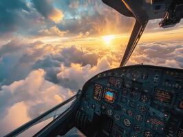 Cockpit view of sunset over clouds during flight experience photo