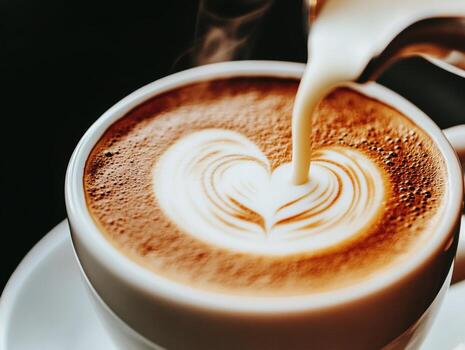 humeante latté con corazón diseño vertido en acogedor café ajuste foto
