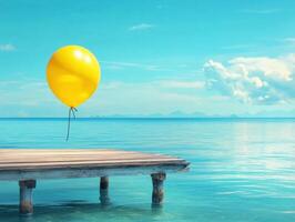 Yellow balloon floats above calm water on a sunny day photo