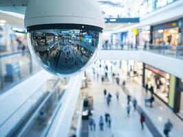 Security camera monitors busy shopping mall environment photo