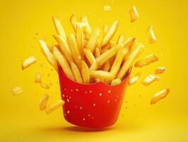 Crispy golden fries in a red container against a yellow backdrop photo