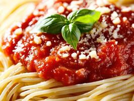 Delicious spaghetti with rich tomato sauce and fresh basil garnish photo