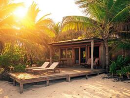 Cozy beach cabin surrounded by palm trees at sunset front view photo