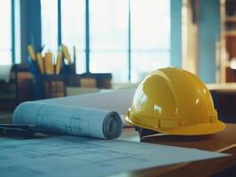 Construction site tools and plans in a bright workspace photo