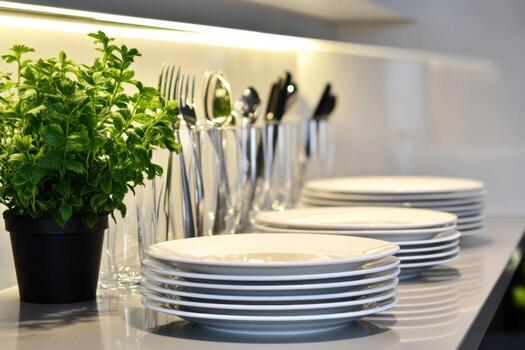Elegant table setting preparation with clean plates and utensils photo