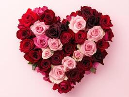 Heart-shaped arrangement of colorful roses on a pink background photo