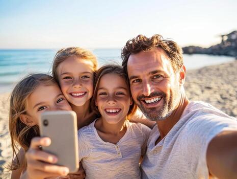 Smiling family enjoying a sunny beach day while taking selfies photo