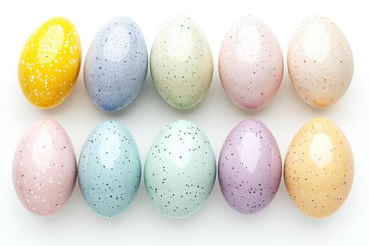 Colorful candy-coated eggs arranged in a neat row on a surface photo