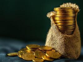 Gold coins spilling from burlap sack on a dark background photo