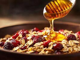 Pouring honey over a bowl of granola with berries photo