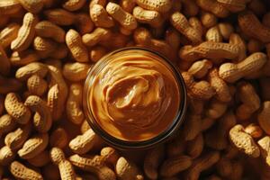 Creamy peanut butter jar sits atop a pile of peanuts photo
