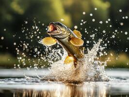 Fish leaps from water in dynamic moment capturing nature's beauty photo