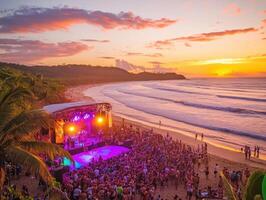Sunset concert on the beach with a vibrant crowd gathering photo