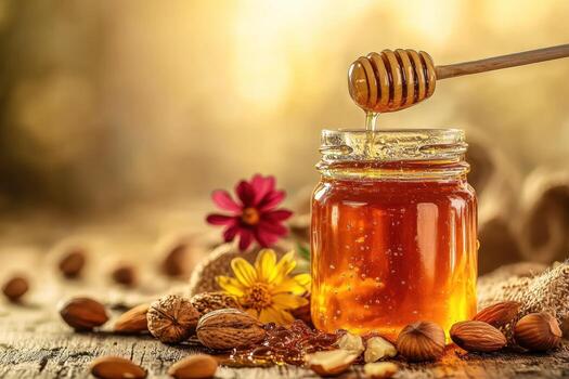 Honey jar with dipper surrounded by almonds and flowers in warm light photo