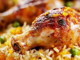 Grilled chicken drumsticks served atop flavorful rice dish photo
