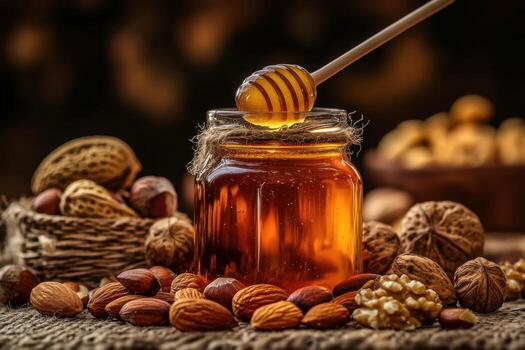 Honey jar surrounded by assorted nuts on a rustic table photo