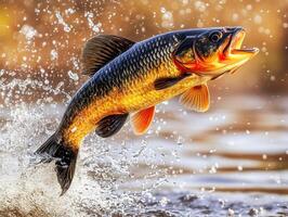 Fish leaps from water creating splash in golden sunset photo