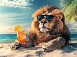 Lion relaxing on the beach with a drink under clear skies photo