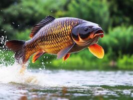 Carp leaps above the water surface in a natural habitat photo