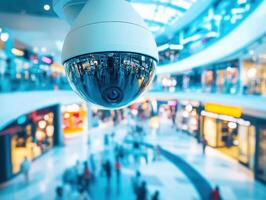 Security camera monitoring a busy shopping mall during the day photo