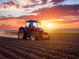 Tractor plows field at sunset with vibrant colors in the sky photo