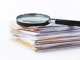 Exploring documents and files with a magnifying glass on a table photo