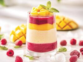 Delicious layered fruit dessert with mango and raspberry photo