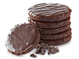 Cookies stacked with chocolate drizzle and pieces scattered photo