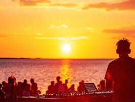 Sunset beach party with DJ entertaining crowd by the ocean photo
