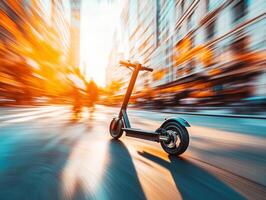 Dynamic urban scene featuring a scooter in motion at sunset photo