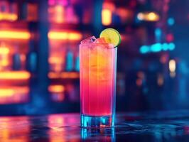 Colorful cocktail served in a glass at a lively bar photo