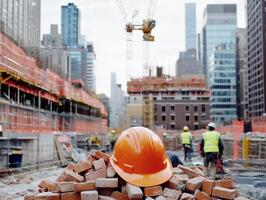 Construction site with workers and orange helmet in urban area photo