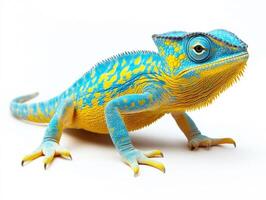 Vibrant blue and yellow lizard displayed against a white background photo